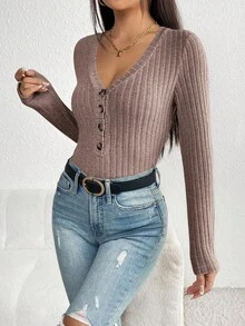 SHEIN PETITE 1pc Solid Color Button-Front Long Sleeve Casual Bodysuit, For Daily Wear - Khaki - View 4