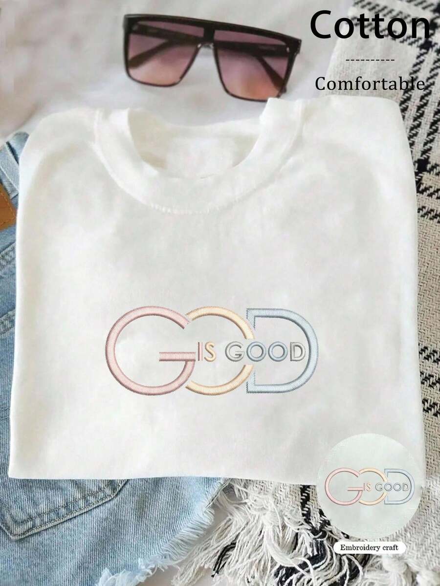 INAWLY Women's God Is Good Embroidered Pattern Contrast Color Embroidered T-Shirt - White - View 1