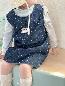 DAZY 女婴水洗波点爱心图案宽松休闲牛仔连衣裙，韩版秋冬幼儿女童服装 - 藍色 - 查看 3