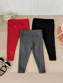 SHEIN LMoss Kids LMoss 3件套女婴秋冬加厚保暖内衬打底裤（黑色、灰色和杏色）。买1送3，百搭休闲保暖内衬裤 - 紅色 - 查看 2