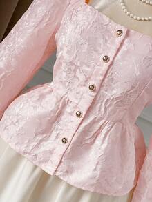 Rometta 大码女式纹理方领泡泡袖收腰优雅荷叶边下摆衬衫 - 粉色 - 查看 7