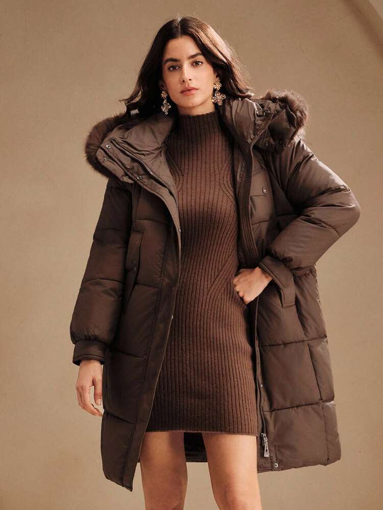 Women's Fashionable Casual Loose Fluffy Hooded Detachable Fur Collar Zip-Up Long Padded Coat, Coffee Color