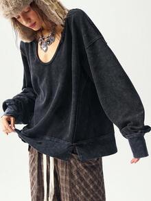 Bohemela Moletom Feminino Casual de Cor Sólida, Decote em V, Manga Longa, Caimento Solto, Roupas de Outono e Inverno para Mulheres - Preto - Visão 4