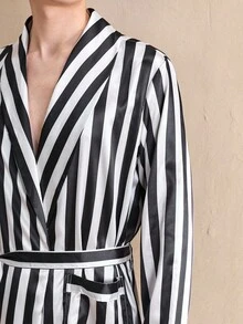 EverLounge Men's Black & White Striped Print Shawl Neck Patchwork Pocket Belted Robe, Winter - Multicolor - View 3