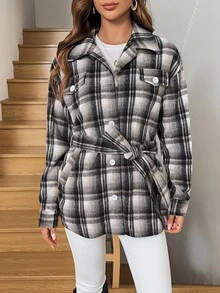 SHEIN LUNE Manteau en laine à carreaux avec boutons sur le devant pour femmes, style vintage décontracté et élégant pour les déplacements, pour l'automne/hiver - Noir et Blanc - Voir 5