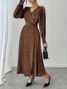DAZY Brown Midi Dress With Flared Skirt, Fitted Waist, Shiny For Wedding, Party, Banquet, Suitable For Autumn, Spring & Summer - Brown - View 2