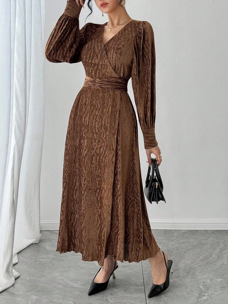 Brown Midi Dress With Flared Skirt, Fitted Waist, Shiny For Wedding, Party, Banquet, Suitable For Autumn, Spring & Summer