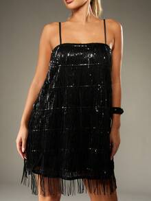 MISSGUIDED Vestido mini de fiesta con volantes con flecos y lentejuelas, con tirantes de espagueti, inspirado en el estilo flapper de Gatsby, para salir de noche, fiestas y vacaciones - Negro - Ver 6