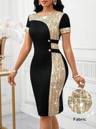 SHEIN Lady Women's Sequin Color Block Round Neck Short Sleeve Slim Fit Elegant Midi Dress Business Casual Woman  Work Clothes Women Office Wear Women  Going Out Outfits  Airport Outfit For Women Travel Outfit Airport  Airport Outfit Back To School Country Concert Outfit  Date Night Outfits Women