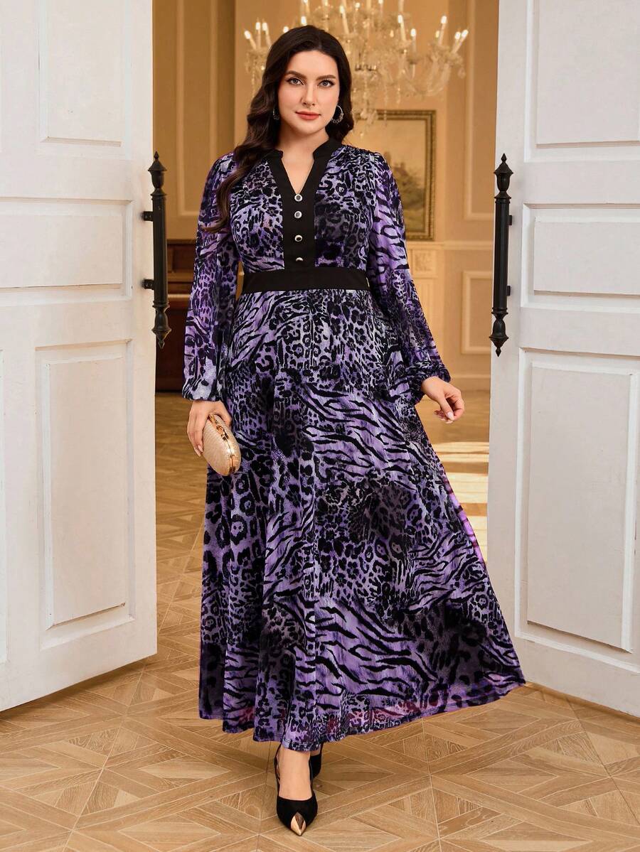 Modelyn Plus Size Fashion Animal Print Notch Neck Dress - Purple - View 1