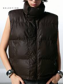 LYSMO SELECTION 2025 New Minimalism Dark Brown Autumn Casual Occasion Women Solid Color Sleeveless Stand Collar Winter Coat Warm Stockholm Style Streetwear - Brown - View 7