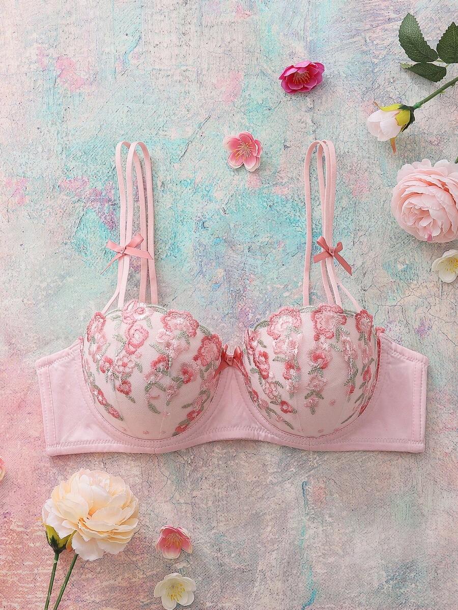 FloralLove 2pcs Underwire Molded Cup Push Up Floral Contrast Color Embroidery Ruffle Cute Fresh Comfy Balconette Romantic Ladies Bra Floral Bra Cute Push Up Bra Pink Push Up Bra Balconette Bras