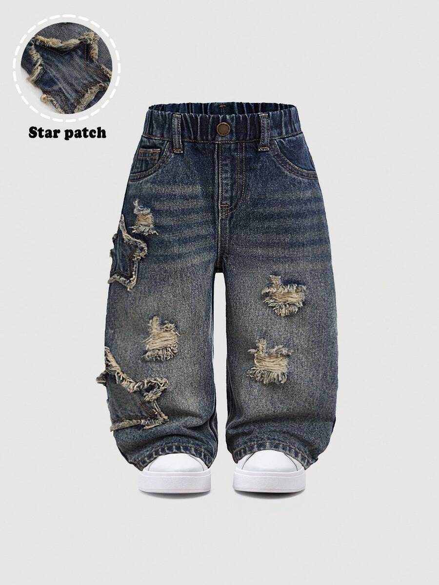 SHEIN Baby Boy Casual Cute Vintage Star Design Fringed Ripped Loose Fit Blue Jeans,For Fall/Winter Outdoor Wear And Daily Wear - Dark Wash - View 1