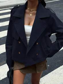 Muchica Chaqueta corta de gabardina azul marino tejida para mujer, de doble botonadura con solapa y mangas extra largas regulares, con bolsillos funcionales, blazer corto, chaqueta blazer para mujer, chaqueta de vestir, blazer de otoño e invierno, blazer de verano para mujer - Azul Marino - Ver 4