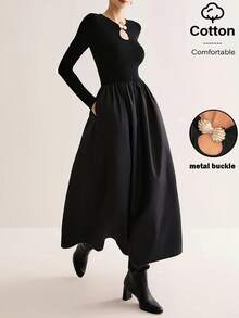 Siren Gaze Elegant Black Autumn Luxury Women Long Sleeve Ankle-Length A-Line Dress With Metal Buckle & Pockets,Brunch Work Party Wedding Guest Outfits - Black - View 3