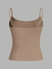 SHEIN PETITE CURVE Áo ba lỗ bó sát thường ngày cỡ lớn dành cho nữ (dây mảnh) - màu nâu - Xem 5