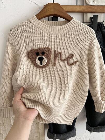 SHEIN LMoss Kids Young Boys' Cute Bear Graphic Dropped Shoulder Crew Neck Pullover Sweater, Comfortable & Casual For Home, Outdoor, School, Autumn/Winter Fall