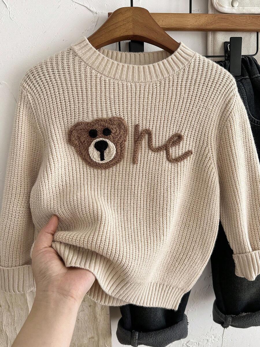 SHEIN LMoss Kids 男童可爱熊图案落肩圆领套头毛衣,舒适休闲,适合居家、户外、学校、秋冬季 - 杏色 - 查看 1