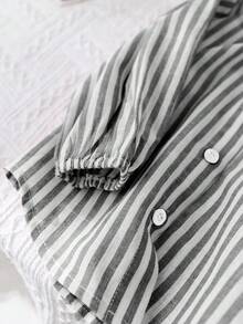 SHEIN LMoss Kids LMoss 少女宽松条纹休闲衬衫 - 黑色 - 查看 6