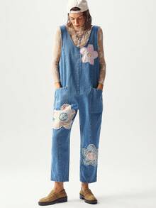 Bohemela 女式休闲宽松花卉贴花阔腿牛仔连体裤 - 藍色 - 查看 4