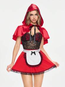 ROMWE Avant 4pcs Halloween Cosplay Mushroom Girl Cloak Set, Lace & Satin Patchwork Bowknot Decor Wireless Bra Costume - Multicolor - View 4