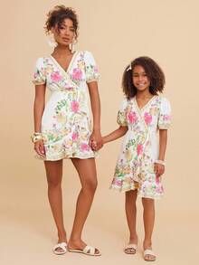 Travachic KIDS 青少年女孩休闲花卉印花短袖连衣裙，母子装（2 件单独出售） - 白色 - 查看 7