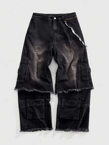 ROMWE MEN Grunge Punk 男士时尚水洗破洞工装牛仔裤，垃圾摇滚 - 黑色 - 查看 1