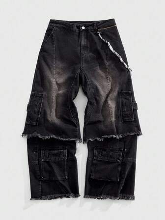 Street Life Jeans cargo di moda da uomo lavati e consumati, stile grunge