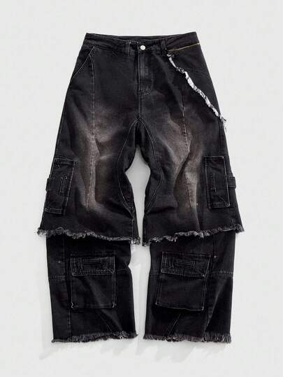 Street Life Jeans cargo en denim délavé et déchiré pour hommes, style grunge