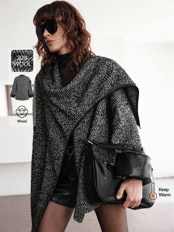 Ontre Abrigo de mezcla de lana 2025, estilo elegante urbano, tela de pata de gallo, diseño asimétrico, chaqueta de abrigo para mujer, manga larga, ropa sofisticada de alta gama para mujer, vestimenta casual de oficina urbana moderna, vibra de riqueza discreta, moda aeroportuaria de alta calidad, pieza versátil para capas, adecuado para todas las estaciones, atuendo para fiesta de Navidad