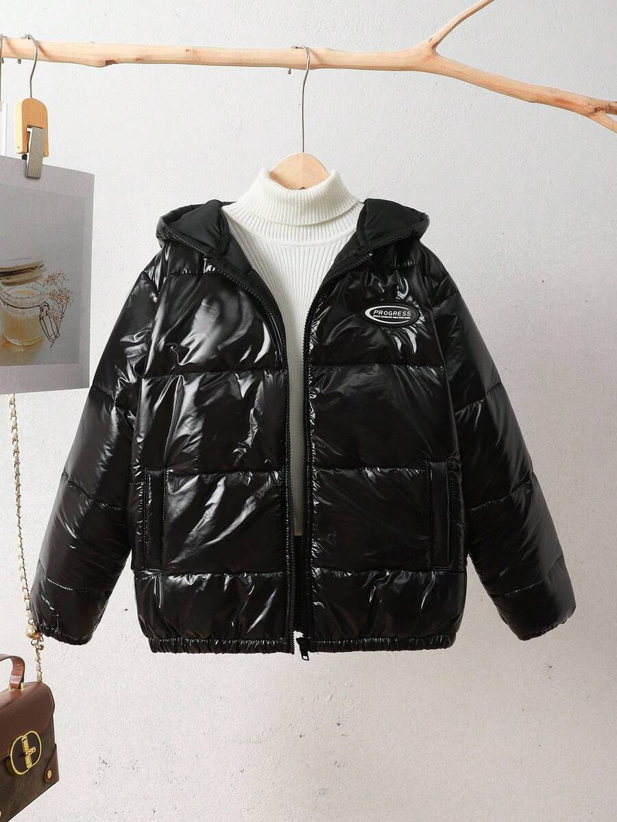 SHEIN 青少年女孩休闲百搭舒适冬季面料拼布设计美式字母印花舒适简约纹理针织学院风连帽棒球夹克棉质外套,适合冬季、户外、通勤、搭配和学校 - 黑色 - 查看 1