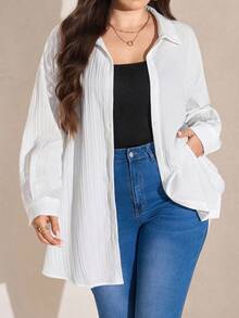 Comfylo Winter Clothes Textured Casual Plus Size Solid Color Summer Long Sleeve Blouse Shirt - White - View 1