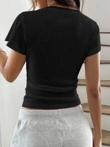 Zielony Áo thun tay ngắn ôm vừa vặn viền ren ngọt ngào dành cho nữ, cài 3 nút, áo thường ngày, mùa hè - màu đen - Xem 2