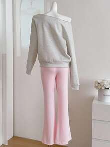 Sweetra Young Teen GirlCasual Street Fashion Oblique Shoulder Letter Print Sweatshirt & Tight Flare Pants Set, Pink