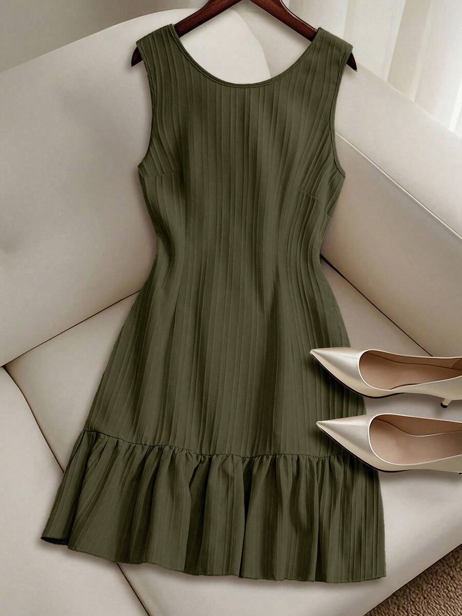 GlowEve Women's Summer Woven Backless Tie Strap Sleeveless A-Line Ruffle Hem Casual Mini Dress - Army Green - View 1