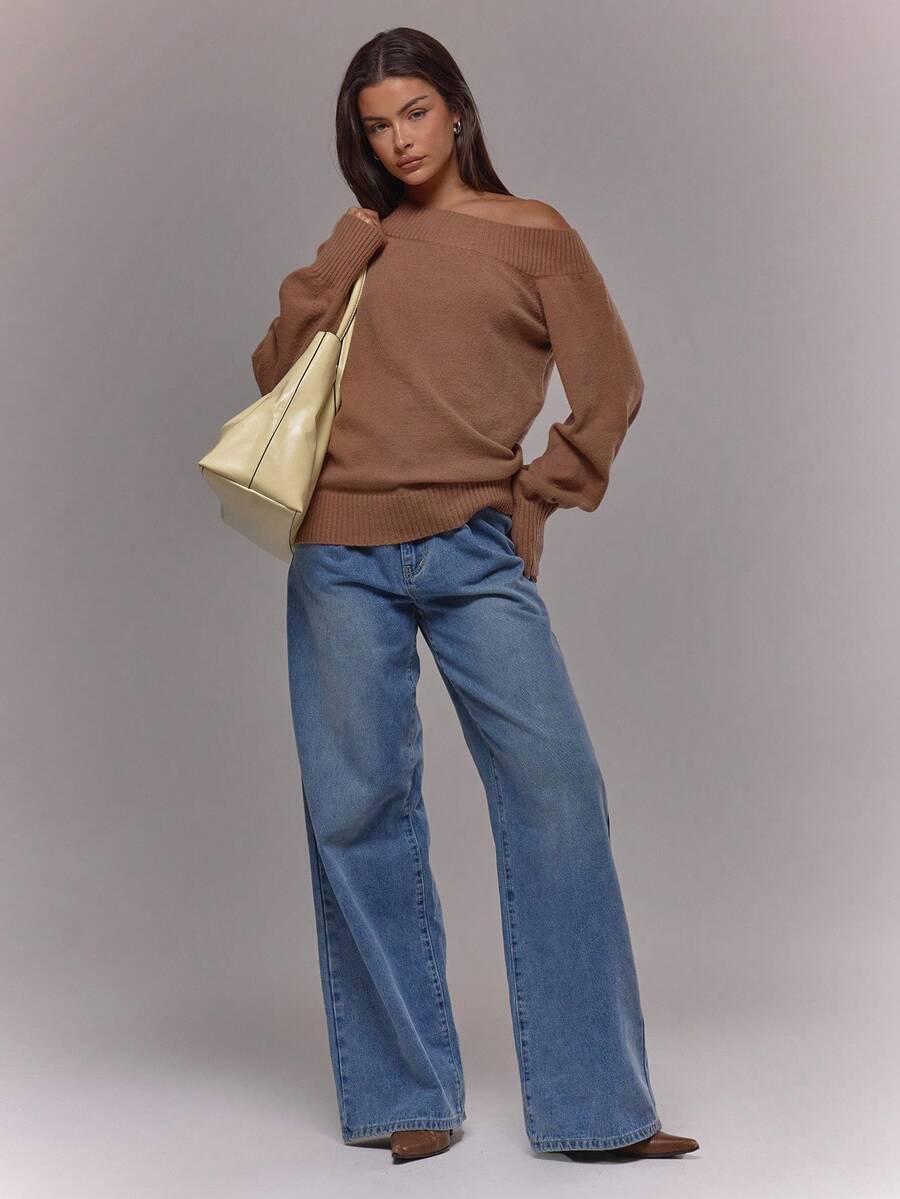 MUSERA Knit Ribbed Asymmetrical Shoulder Long Sleeve Cuffed Hem Jumper Airport Holiday Winter Everyday - Brown - View 1