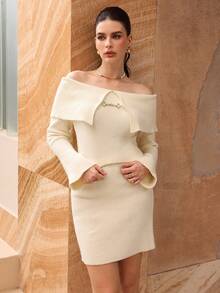 Modelyn Women's Winter Off Shoulder Flare Sleeve Elegant Fashion 2 Pieces Sweater Set - Apricot - View 8
