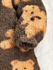 SHEIN Newborn Baby Boy/Girl Cute Furry Cartoon Pattern Hooded Jumpsuit, Autumn/Winter - Brown - View 5