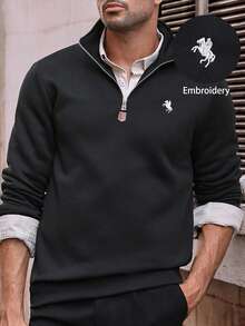 HIMLAND 男士休闲针织半拉链长袖刺绣修身套头衫，适合日常穿着，男士半拉链运动衫，四分之一拉链套头衫，男士四分之一拉链毛衣，立领运动衫，立领套头衫，学院风运动衫，“Old Money”美学套头衫，男士高尔夫套头衫，羊毛四分之一拉链，男士学院风四分之一拉链套头衫，完美的“Old Money”运动衫，打造高级休闲装扮，秋冬 - 黑色 - 查看 3
