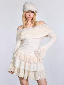 ROMWE J-Fashion Hime Gyaru 可爱甜美森系 3D 花卉装饰露肩女式 T 恤 - 杏色 - 查看 6