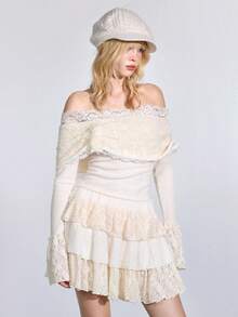 ROMWE J-Fashion Hime Gyaru 可爱甜美森系 3D 花卉装饰露肩女式 T 恤 - 杏色 - 查看 7