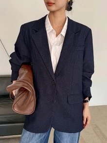 DAZY سترة نسائية بياقة فضفاضة كاجوال للمدينة ملابس عمل غربية للنساء - أزرق بحري - مشاهدة 7