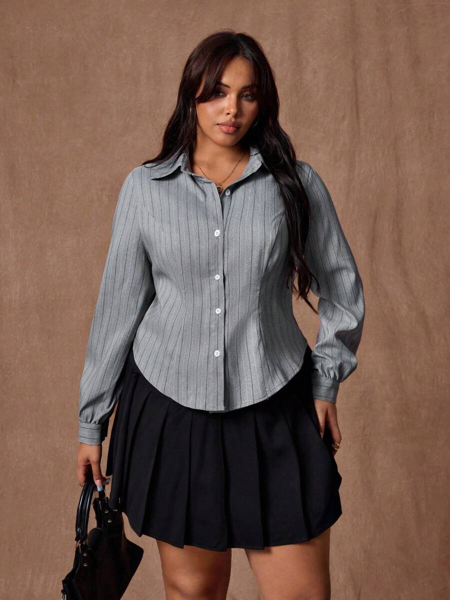 Rustia Plus Size Women's Casual Striped Slim Fit Long Sleeve Shirt - Grey - View 1