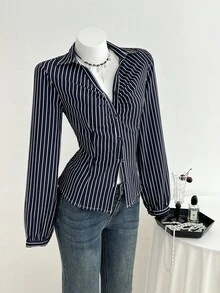 SHEIN Unity 女士休闲时尚通勤日常百搭海军蓝和白色条纹褶皱腰灯笼袖衬衫，秋冬 - 彩色 - 查看 3