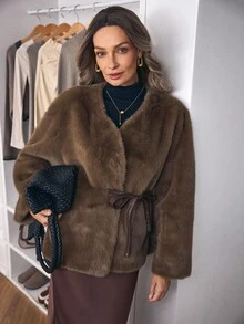 Lyxana 优雅仿貂皮宽松女式夹克，秋冬 - 咖啡棕 - 查看 5