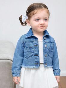 SHEIN 女婴可爱白色牛仔心形口袋翻领长袖短外套，秋季休闲舒适，适合宝宝派对穿着 - 中等水洗藍 - 查看 6