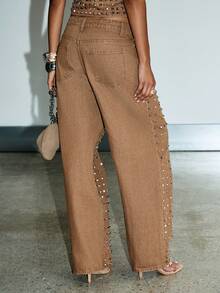 KIZN Cotton Studded Wide Leg Jeans High Waist Festival Y2K Rhinestone Embellished Baggy Pants Raw Hem Palazzo Denim Western Cowgirl Fall Winter