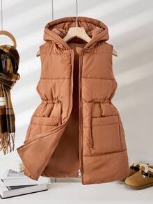 Sparklyn Tween Girl Extended Hooded Vest With Pockets And Zipper Fall Winter - Coffee Brown - View 4