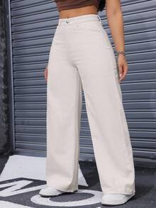 SHEIN ICON Plus Size Women Casual Loose Wide Leg Solid Color Button Jeans - Apricot - View 5