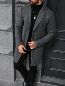 Manfinity Homme 男士加大码纯色翻领单排扣休闲外套，秋冬男士正装外套，男士长款灰色外套，男士灰色外套，男士长款羊绒商务休闲秋季男士冬季 - 深灰色 - 查看 7